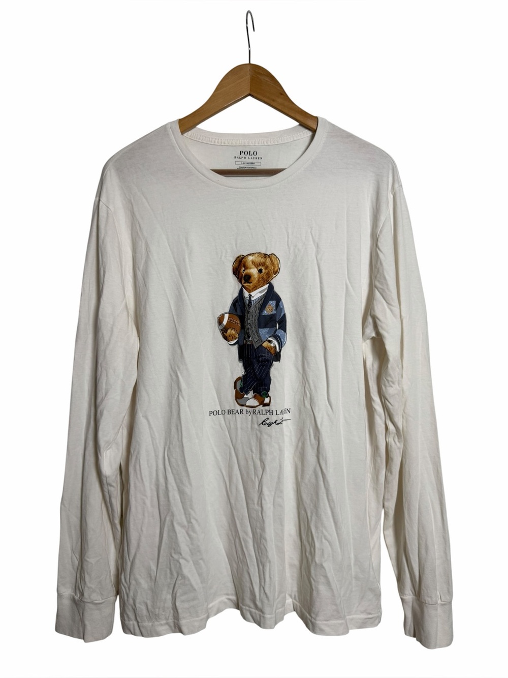 Polo Ralph Lauren Polo Bear Football Long Sleeve Shirt White Preppy Large